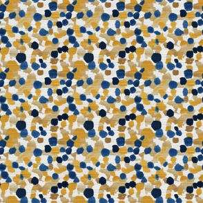 Pointillism Chic - Gold/Blue on Woven White Wallpaper 