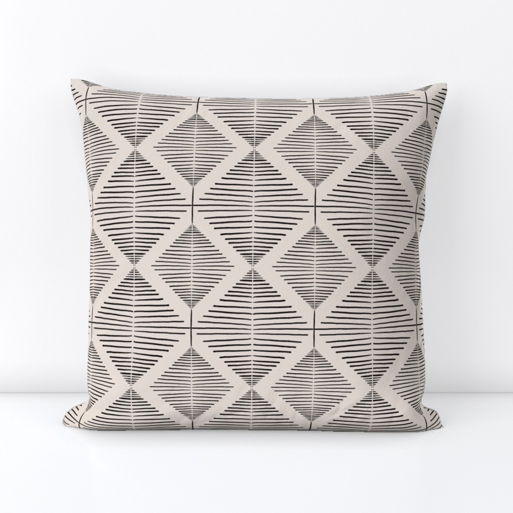 Small Scale | Abstract geometric diamond pattern with charcoal black hand-drawn squares on earthy off-white cream in minimalistic Japandi Scandinavian style with Aztec Vibes for Boho Home Decor, Farmhouse Wallpaper & Cottage Chic Upholstery