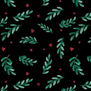 Watercolor Red Berries and Green Leaves | Hand Painted Pattern