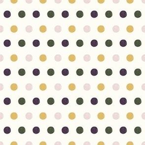 Polka dots in purple, yellow, and dusty pink