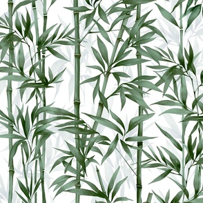 Nature Beauty Bamboo Botanical Watercolor Pattern Green On White Smaller Scale