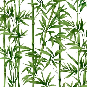 Nature Beauty Bamboo Botanical Watercolor Pattern Lush Green White Smaller Scale