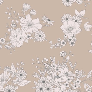 Boho Wedding Floral - Coastal Beige and off white - large - line drawing flowers