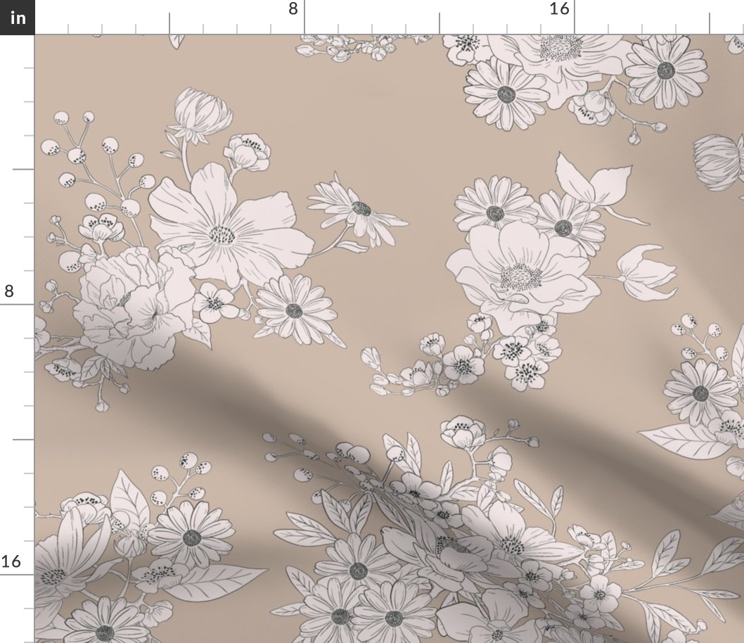 Boho Wedding Floral - Coastal Beige and off white - large - line drawing flowers