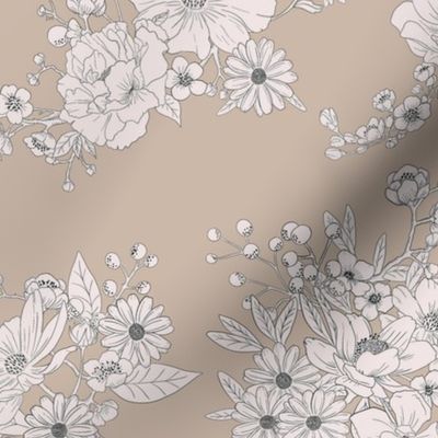 Boho Wedding Floral - Coastal Beige and off white - small - line drawing flowers