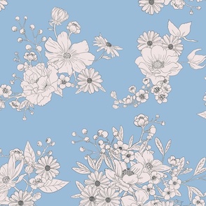 Boho Wedding Floral - Pantone TCX Clear Sky Blue and off white - large - line drawing flowers