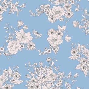 Boho Wedding Floral - Pantone TCX Clear Sky Blue and off white - medium - line drawing flowers