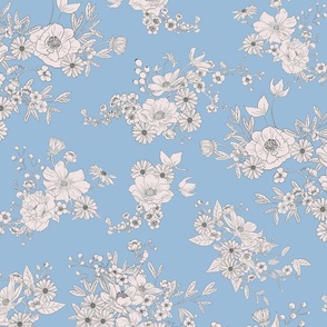 Boho Wedding Floral - Pantone TCX Clear Sky Blue and off white - small - line drawing flowers
