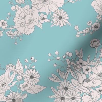 Boho Wedding Floral - Coastal View Blue and off white - small - line drawing flowers