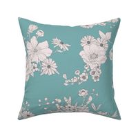 Boho Wedding Floral - Soft Teal and off white - large - line drawing flowers
