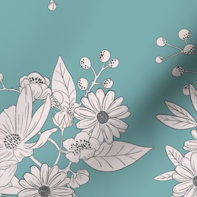 Boho Wedding Floral - Soft Teal and off white - large - line drawing flowers