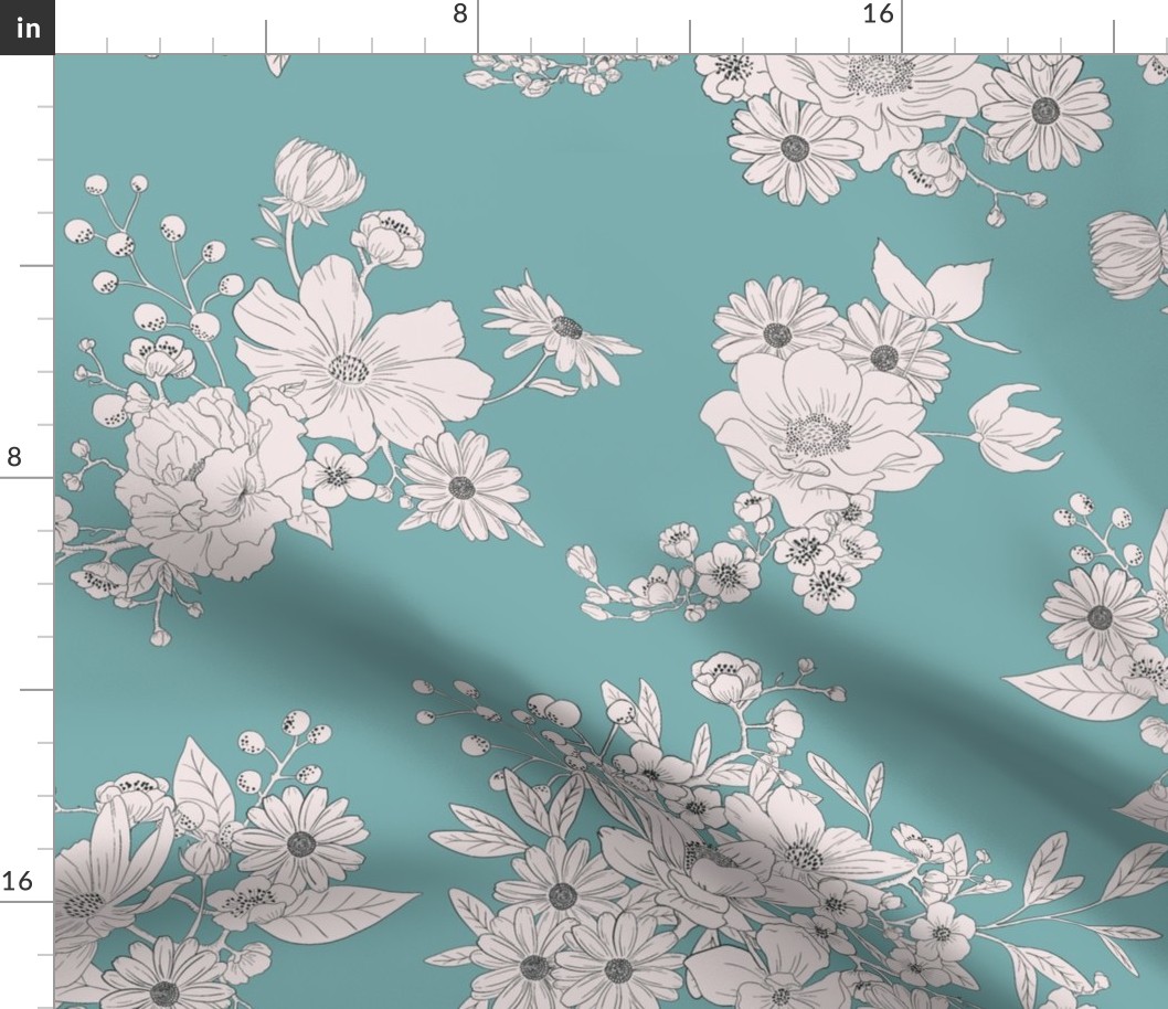 Boho Wedding Floral - Soft Teal and off white - large - line drawing flowers