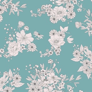 Boho Wedding Floral - Soft Teal and off white - medium - line drawing flowers