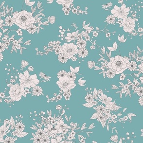 Boho Wedding Floral - Soft Teal and off white - small - line drawing flowers