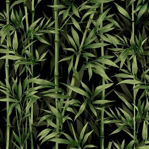 Nature Beauty Bamboo Botanical Watercolor Pattern On Black Smaller Scale