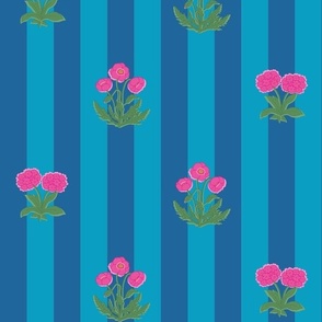 poppy floral stripe - bright pink on aqua blue