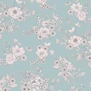 Boho Wedding Floral - Cloudy Coastal Blue and off white - small - line drawing flowers