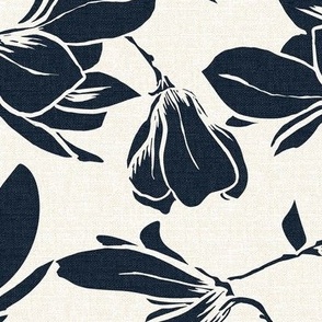 Magnolia Garden Floral - Textured Ivory and Navy Blue Large