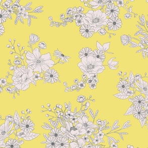 Boho Wedding Floral - Buttercup yellow and off white - medium - line drawing flowers