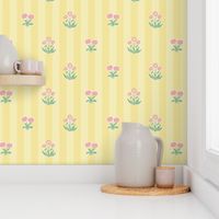 poppy floral stripe - pink on soft yellow