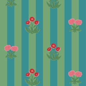 poppy floral stripe- red and pink on teal green