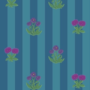 poppy floral stripe - purple on teal blue