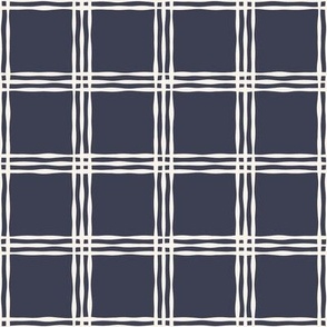 Windowpane Plaid Grid {Off White // Navy Blue} Imperfect Wonky Stripes, 2" Repeat