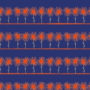 orange sunflowers in a line on a blue background - geometric scheme