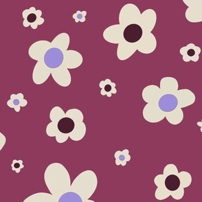 Cream white, burgundy, and lavender ditsy daisies on dark rose pink, girl power - large print