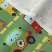 Colorful Kawaii Cars: Cute and Playful Toddler Vehicle Trucks Bus Tractors on Green - Medium