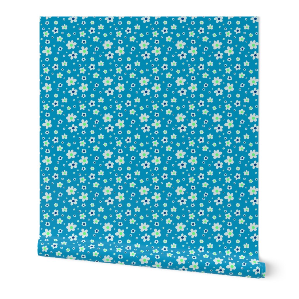 White, navy blue, and bright green ditsy daisies on blue,  girl power - medium print