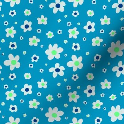 White, navy blue, and bright green ditsy daisies on blue,  girl power - medium print