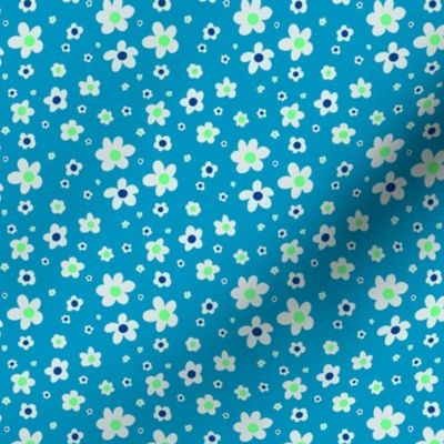 White, navy blue, and bright green ditsy daisies on blue, girl power - small print