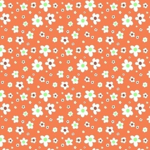 White, green, and brown ditsy daisies on pumpkin orange, girl power - small print