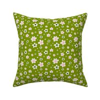 White,  green, and pink ditsy daisies on olive green, girl power - medium print