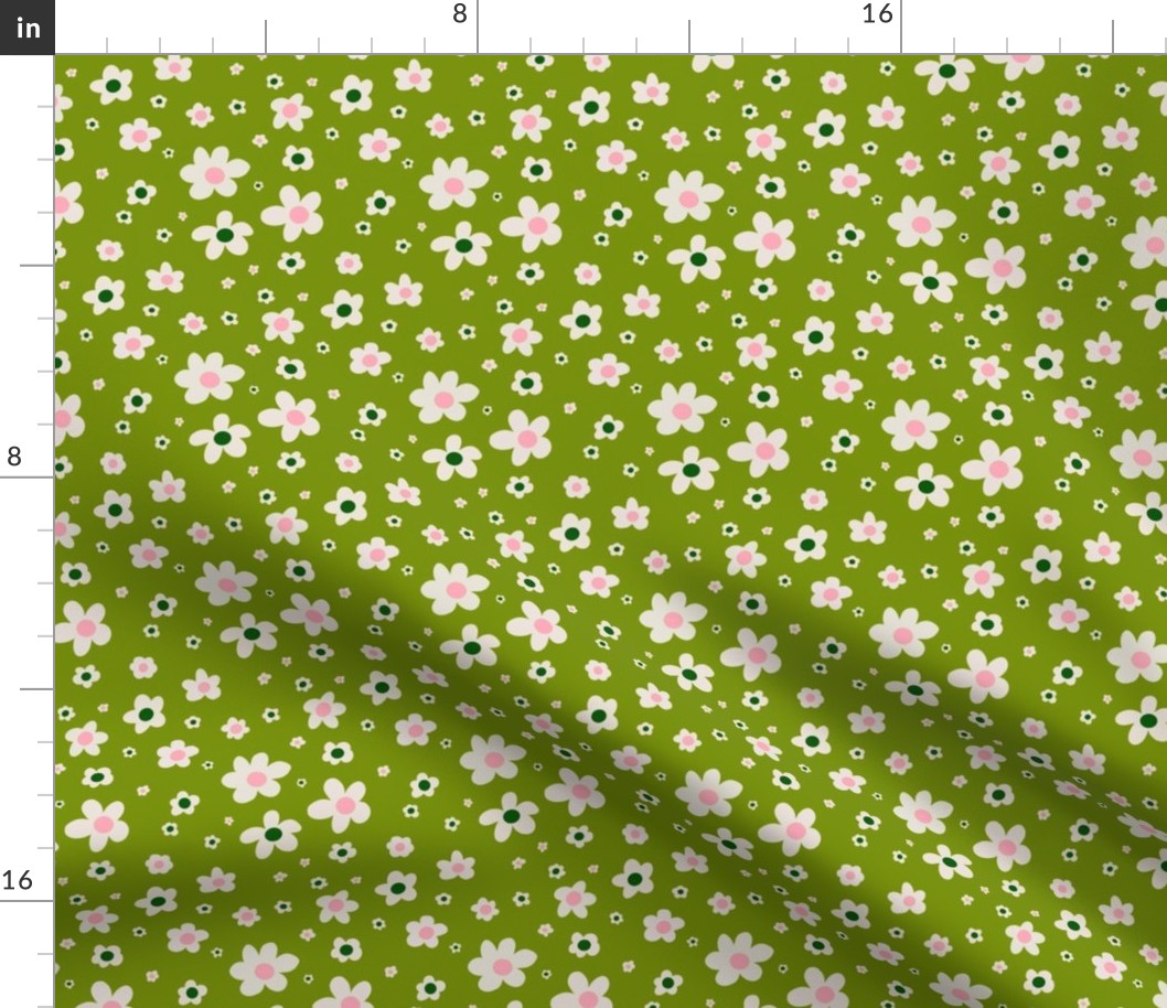 White,  green, and pink ditsy daisies on olive green, girl power - medium print