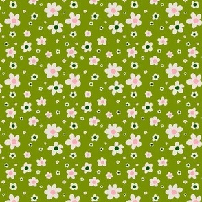 White,  green, and pink ditsy daisies on olive green, girl power - small print