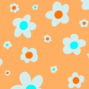 White, orange, and light blue ditsy daisies on peach, girl power - large print