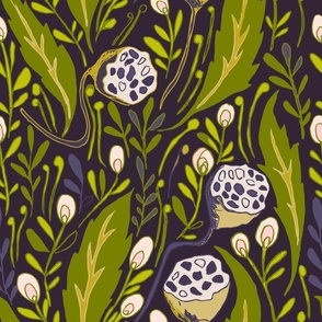  jumbo // Lotus Pod Botanical in Grass Green on Indigo Blue // 24”