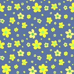 Yellow buttercups with green on blue, girl power - medium print