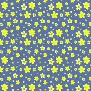 Yellow buttercups with green on blue,  girl power - small print