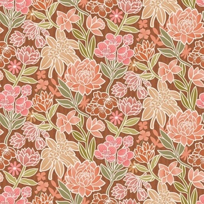 Floral Stroll is a collection by Delores Naskrent featuring peonies and apple blossoms in rich russet and rose, peach and greens, ideal for sewing, quilting, home decor and upholstery.