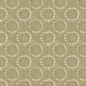  Blender Block Print Carved Sun Circles Concentric Han Drawn Rough Primitive Moss Green Soft Peach Off-White Sage Light Green Textural Busy Quilting