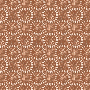  Blender Block Print Carved Sun Circles Concentric Han Drawn Rough Primitive Terra Cotta Rust Textural Busy Quilting