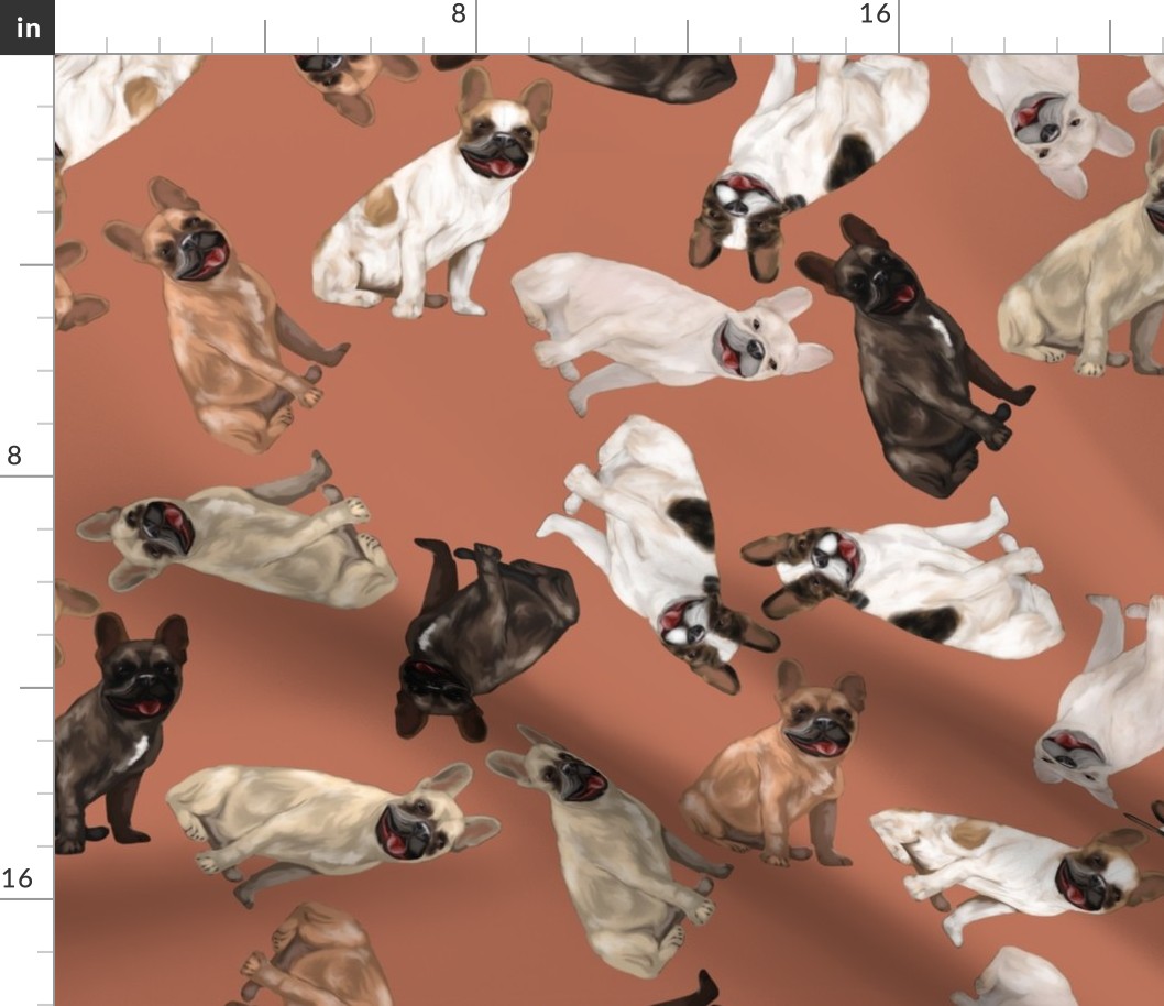 Assorted French Bulldogs Tumbling on Terra Cotta Brown