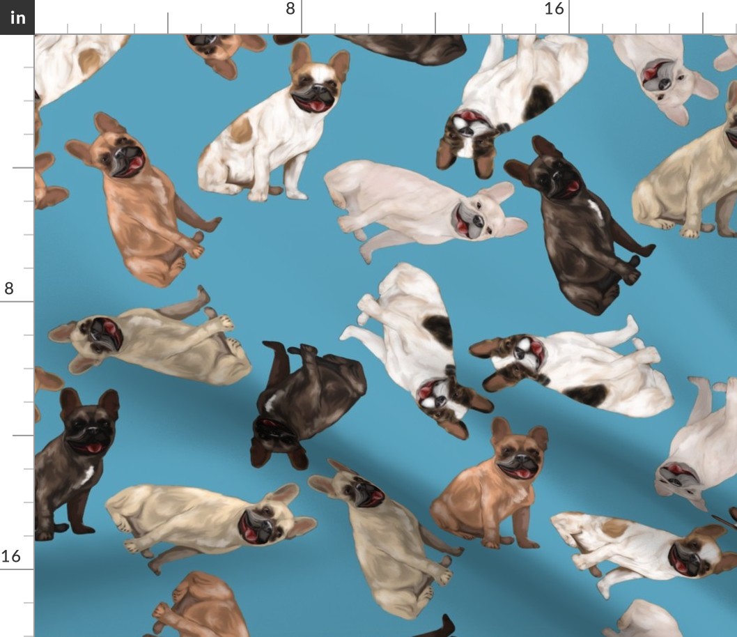 Assorted French Bulldogs Tumbling on Sky Blue