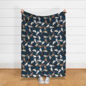 Assorted French Bulldogs Tumbling on Indigo Blue