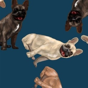 Assorted French Bulldogs Tumbling on Indigo Blue