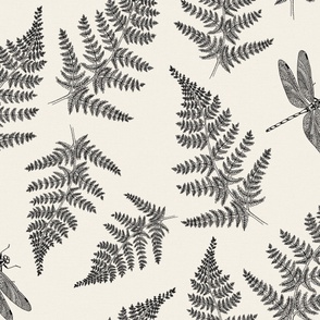 Jumbo Ferns & Dragonflies - Black on Cream