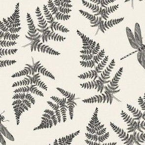Small Scale Ferns & Dragonflies - Black on Cream